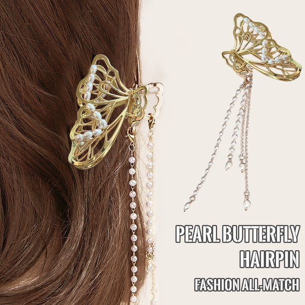 Fiudx Pinza para El Cabello con Perla, Exquisito Colgante de Mariposa, Diseño de Borla de Aleación de Moda, Elegante Horquilla para El Cabello, Ideal para Fiestas y Eventos, Un Elegante Regalo.