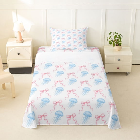 spefrowx Kawaii Blue Jellyfish Twin Sheets for Girls, Pink Watercolor Bow Ribbon Bedding, 3pcs, 1 Flat Sheet, 1 Fitted Sheet and 1 Pillowcase