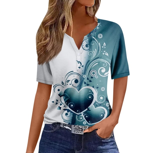Camiseta de Mujer Camiseta Estampado Botón Manga Corta Diario Fin de Semana Moda Básica Cuello en V Regular Top Azul/S