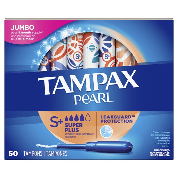 Tampax Pearl Super Plus Absorbency Plastic Tampons, Unscented, 50 Ct