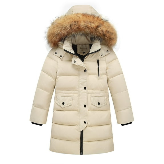 Kids Girls Boys Winter Coat Waterproof Jacket Cotton Coat Thick Hooded Down Outdoor Coats Beige 6-7Years
