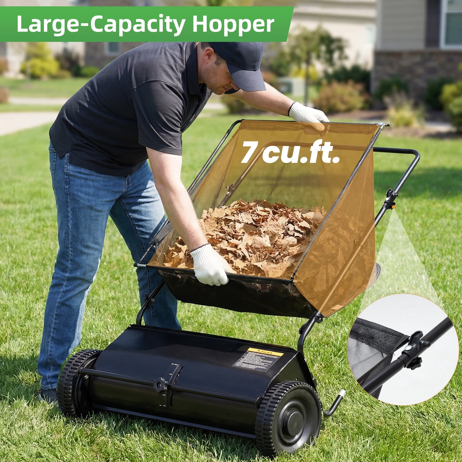 JFHID Push Lawn Sweeper,26 in Leaf & Grass Collector with 7 cu. ft.Hopper Bag Heavy Duty Yard Sweeper with 10" Rubber Wheels for Lawn
