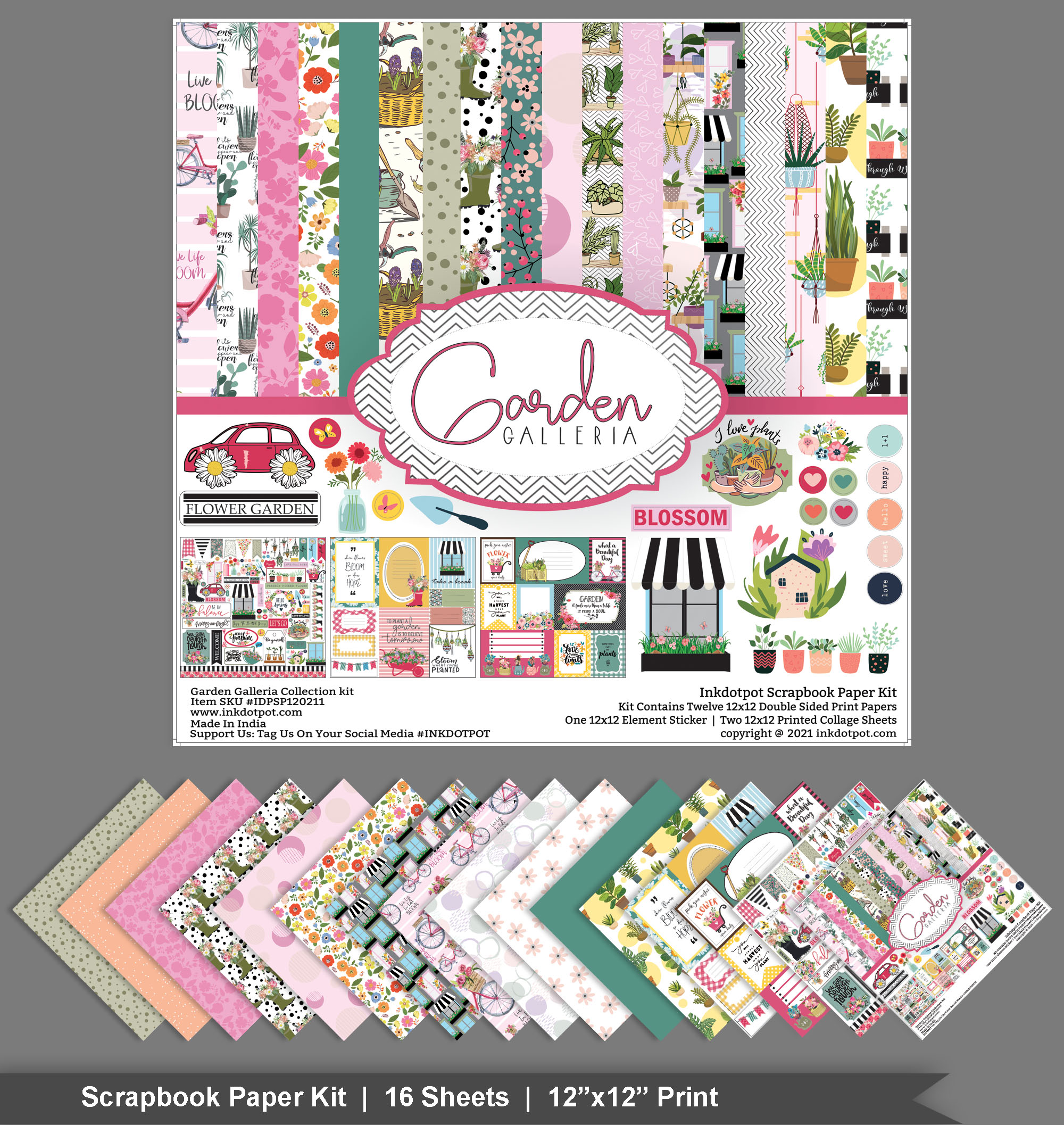 Inkdotpot Floral House Plants Theme Collection Double-Sided Scrapbook Paper Kit Cardstock 12"x12" Card Making Paper Pack With Sticker Sheet - 16 Pages - Pastel Pink