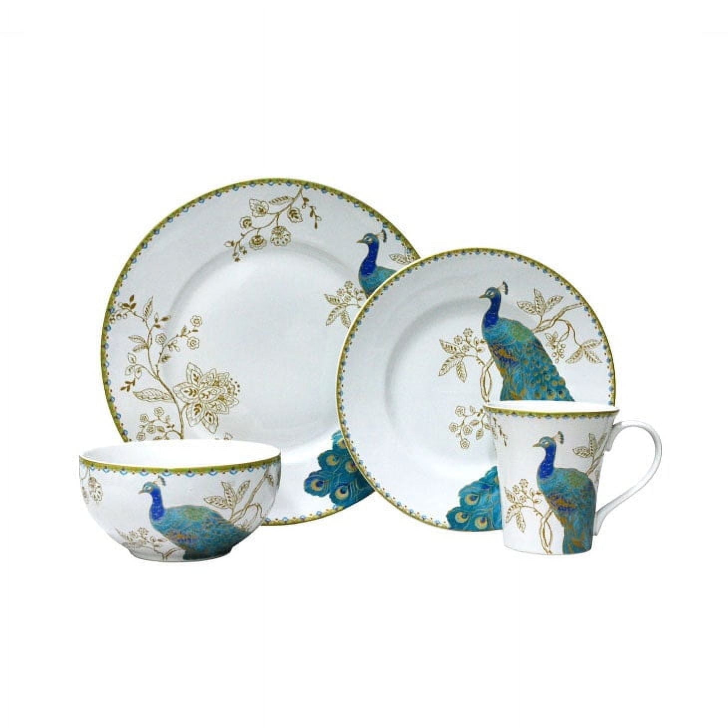 222 Fifth Peacock Garden 16-Pc Porcelain Dinnerware Set, Blue/Gold