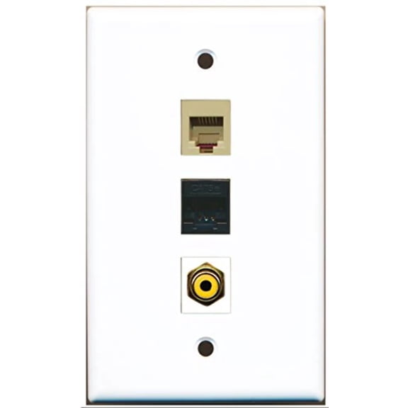 RiteAV - 1 Port RCA Yellow and 1 Port Phone RJ11 RJ12 Beige and 1 Port Cat5e Ethernet Black Wall Plate