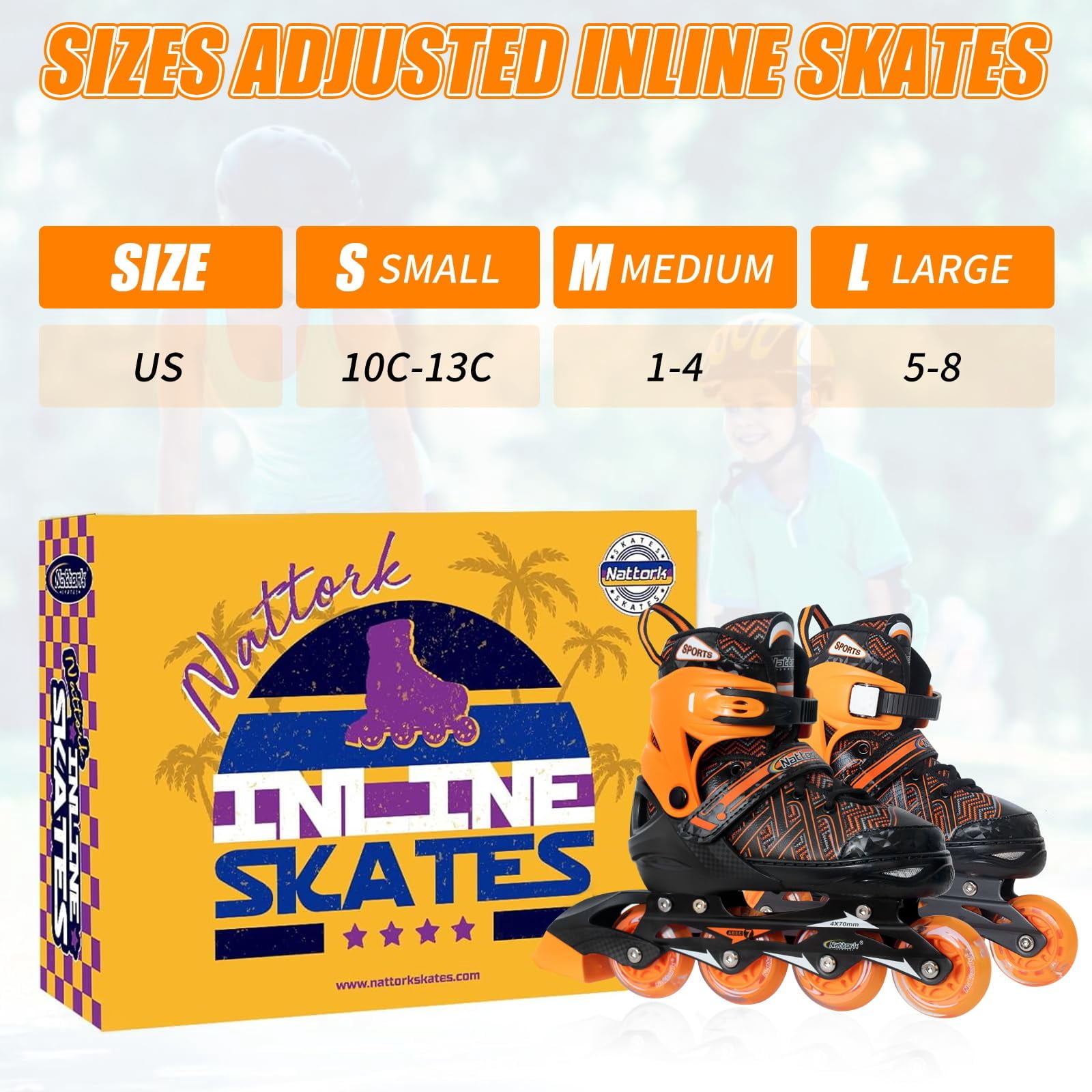 MammyGol Adjustable Inline Skates for Kids with Light-Up Wheels - Youth Teens Roller Skates for Beginners Boys Girls, Outdoor Recreational Skates Orange 5-8