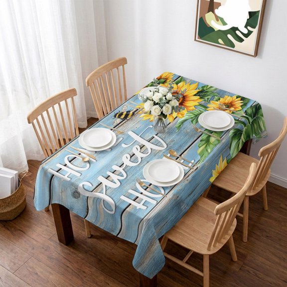 Spring Sunflower Table Cloth Waterproof Tablecloths, Bee Wooden Grain Country Rustic Tablecloth Dining Table Cover for Kitchen Party Tabletop Outdoor, Rectangle Tablecloth 52x70 Inch