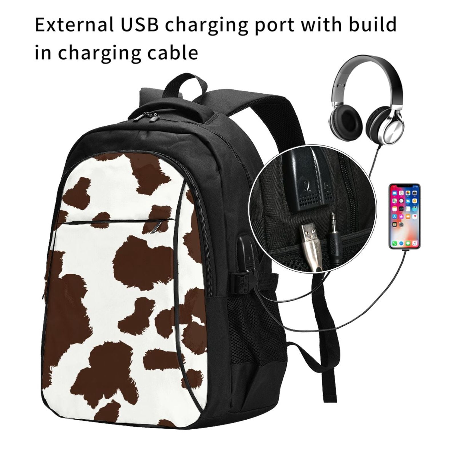Horeoi Brown Cow Print USB Backpack for Travel School Work with Laptop Compartment Charging Port and Anti-Theft Pocket