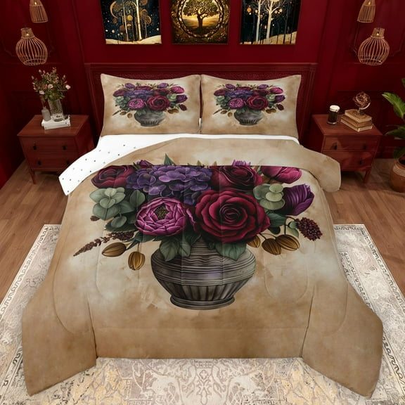 Manfei Boys Girls Chic Floral Rose Bedding Comforter Set 2pcs,Vintage Aesthetics Twin Comforter Sets Microfiber,Exotic Style Breathable Bedding Set,Luxury Bedroom Decor,Reversible