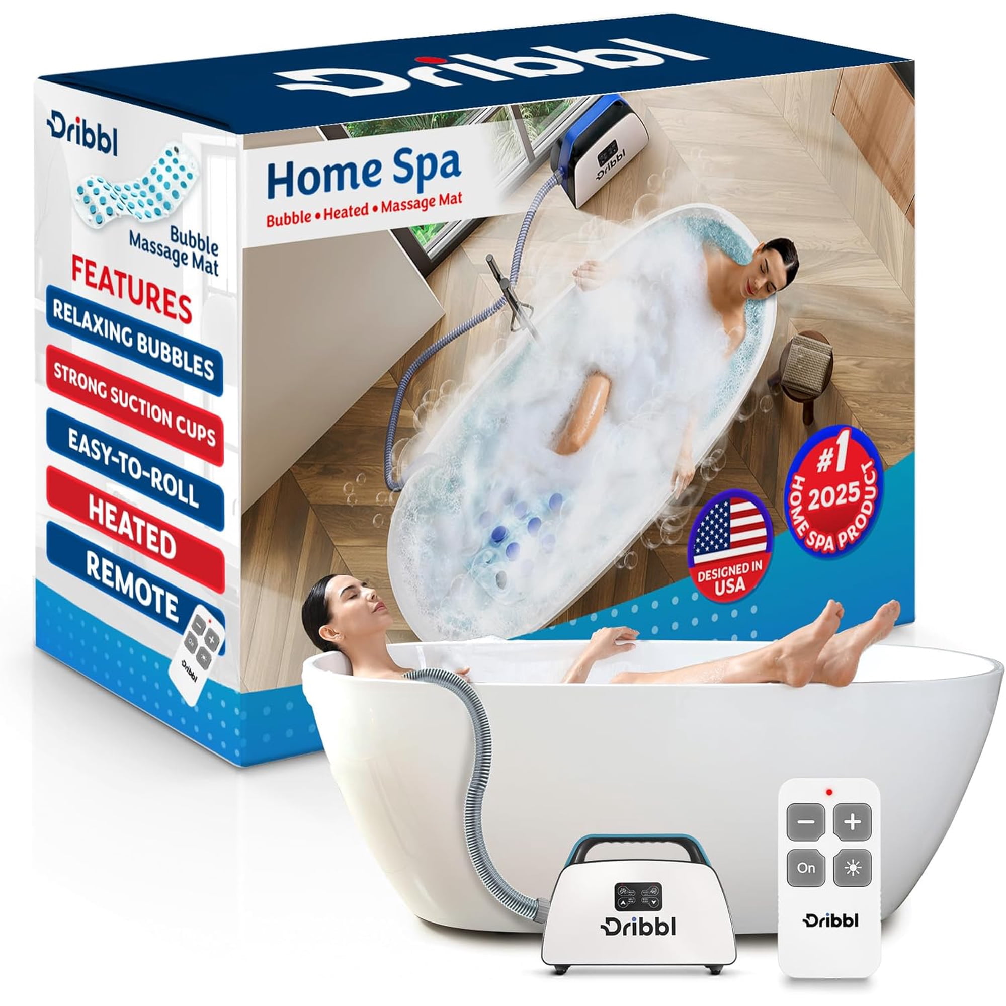 Electric Bubble Massage Bathtub Mat – Non-Slip Full-Body Waterproof Hot Tub Spa Mat for Bath with Heater, Motorized Air Pump, and Remote Control, 6-Speed Adjustable Massage, Aqua