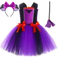 thumbnail image 2 of Disfraz de bruja de Halloween para niñas, vestido de tutú morado y negro para fiesta de carnaval, vestido de tul elegante para niños con murciélago malvado y bruja, 2 of 5