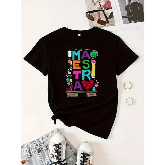 Print T-Shirt, Crew Neck Short Sleeve T-Shirt, Casual Tops, Women'S Clothing