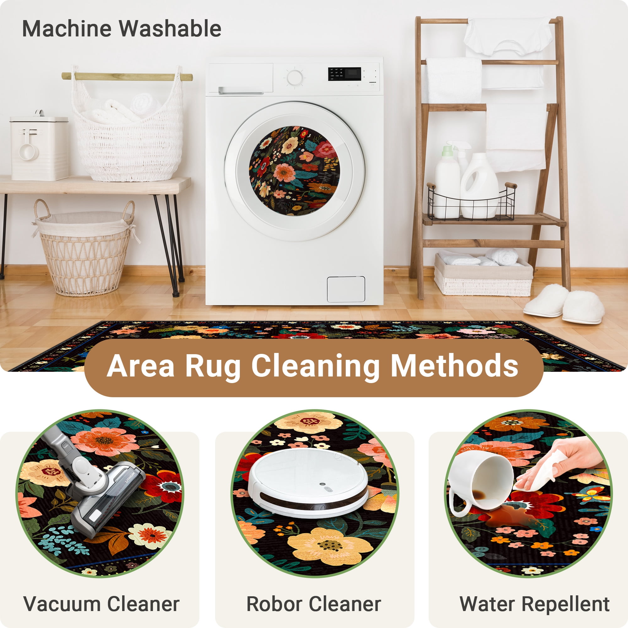 NewBuros 5'x7' Area Rugs, Boho Non Slip Washable Rugs for Living Room, Stain Resistant Soft Low Pile Indoor Floral Carpet for Bedroom Dining Room Office, Black