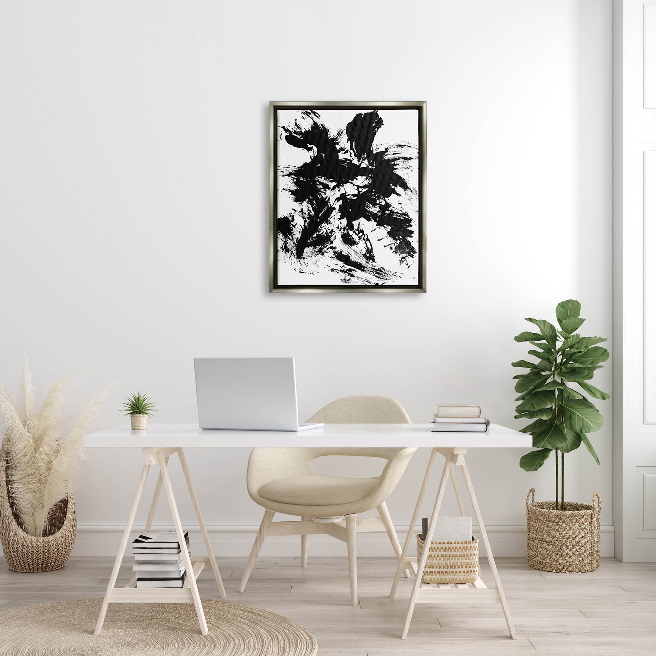 Contemporary Black Ink Strokes Abstract Graphic Art Luster Gray Framed Art Print Wall Art