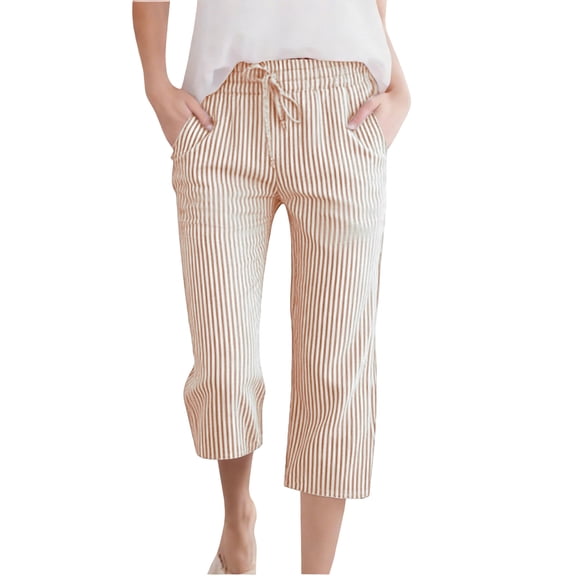 Ugoldhm Girls Striped Cotton Linen Capri Pants Lightweight Casual Summer Bottoms Loose Elastic Waist Beach Pants