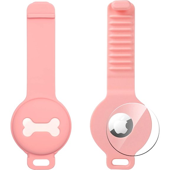 Protective Airtag Case for Dog Cat & Pet Collar Holder | Anti-Lost Shockproof Soft Silicone Apple Air Tag Bluetooth Tracker Finder Cover with Anti-Scratch Back Skin Film Protector | Pink