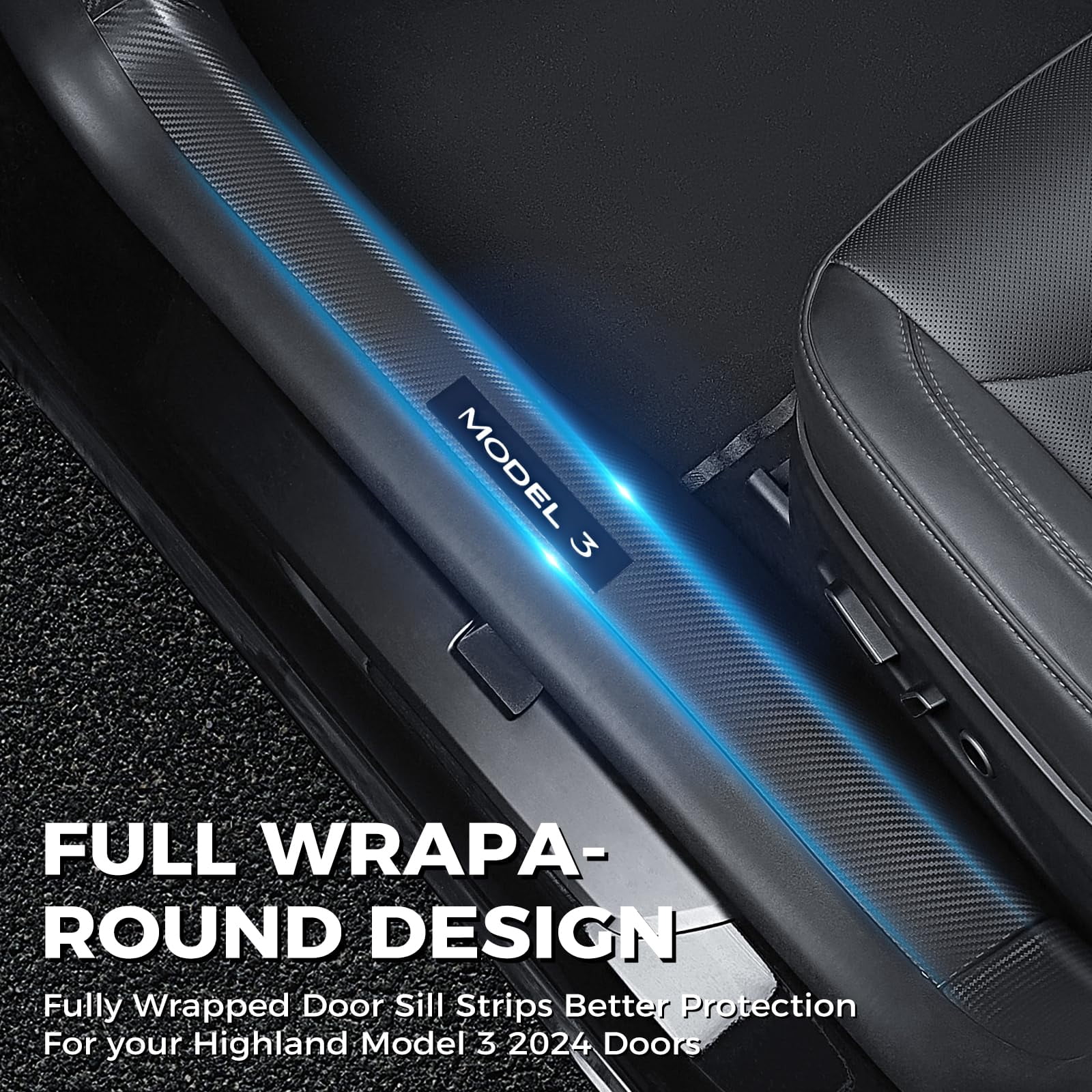 11PCS Carbon Fiber Door Sill Protector Model Y Juniper 2025 2026 8Pcs Door Sill Protector and 2Pcs Center Console Anti-Kick Pads and Rear Bumper Guard for Tesla Model Y Juniper Accessories