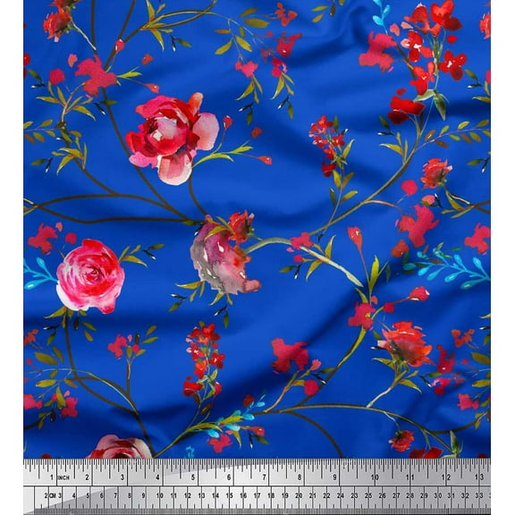 Soimoi Blue Cotton Duck Fabric Leaves & Ranunculus Floral Decor Fabric Printed Yard 42 Inch Wide