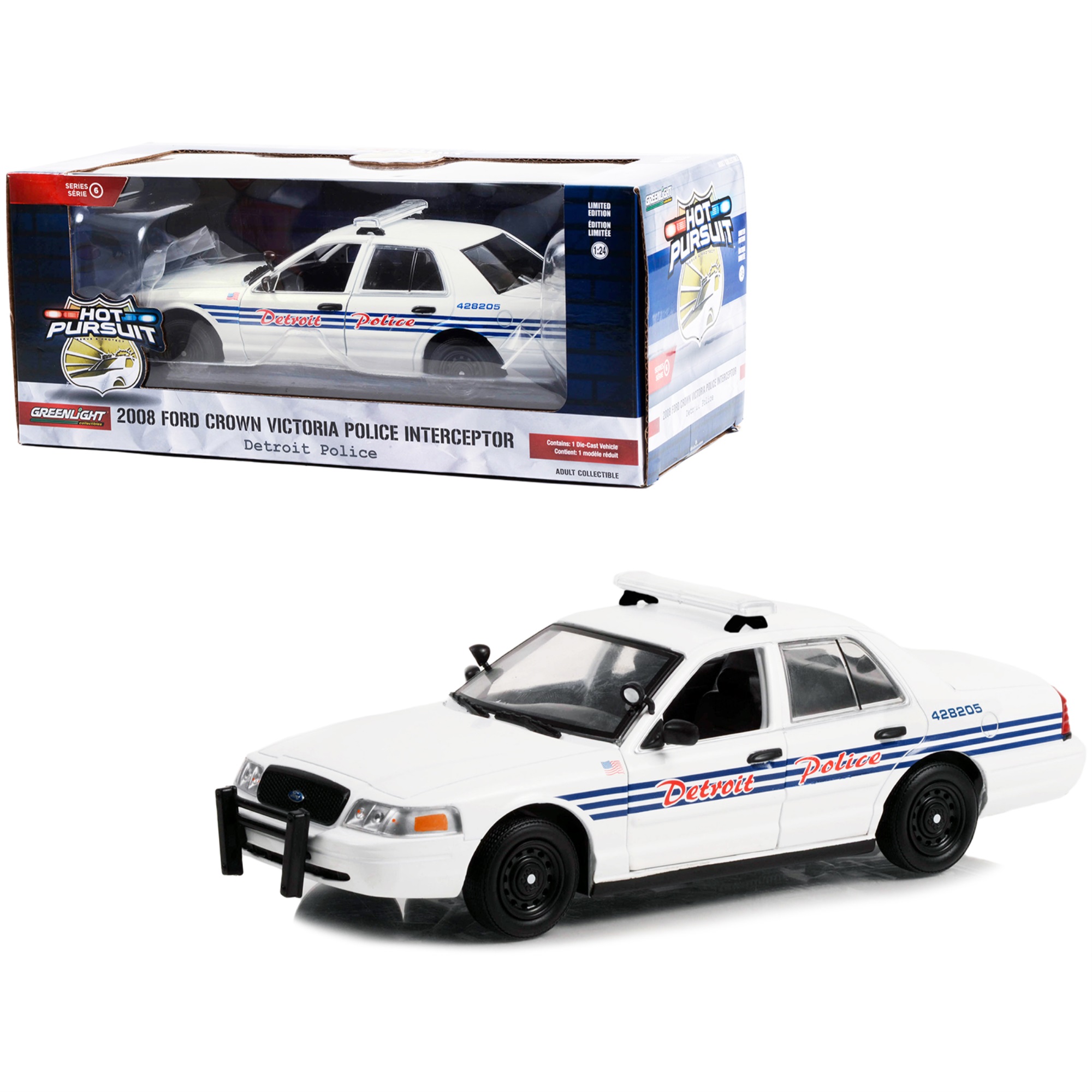2008 Ford Crown Victoria Police Interceptor White with Blue Stripes "Detroit Police" (Michigan) "Hot Pursuit" Series 1/24 Diecast Model Car by Greenlight