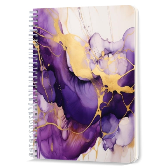 Spiral Notebook,Double-Wire Spiral College Lined Journal Notebook for Study and Notes,100 Pages,5.71x 8.26 in - Purple and Gold Fluid Art with Elegant Streaks
