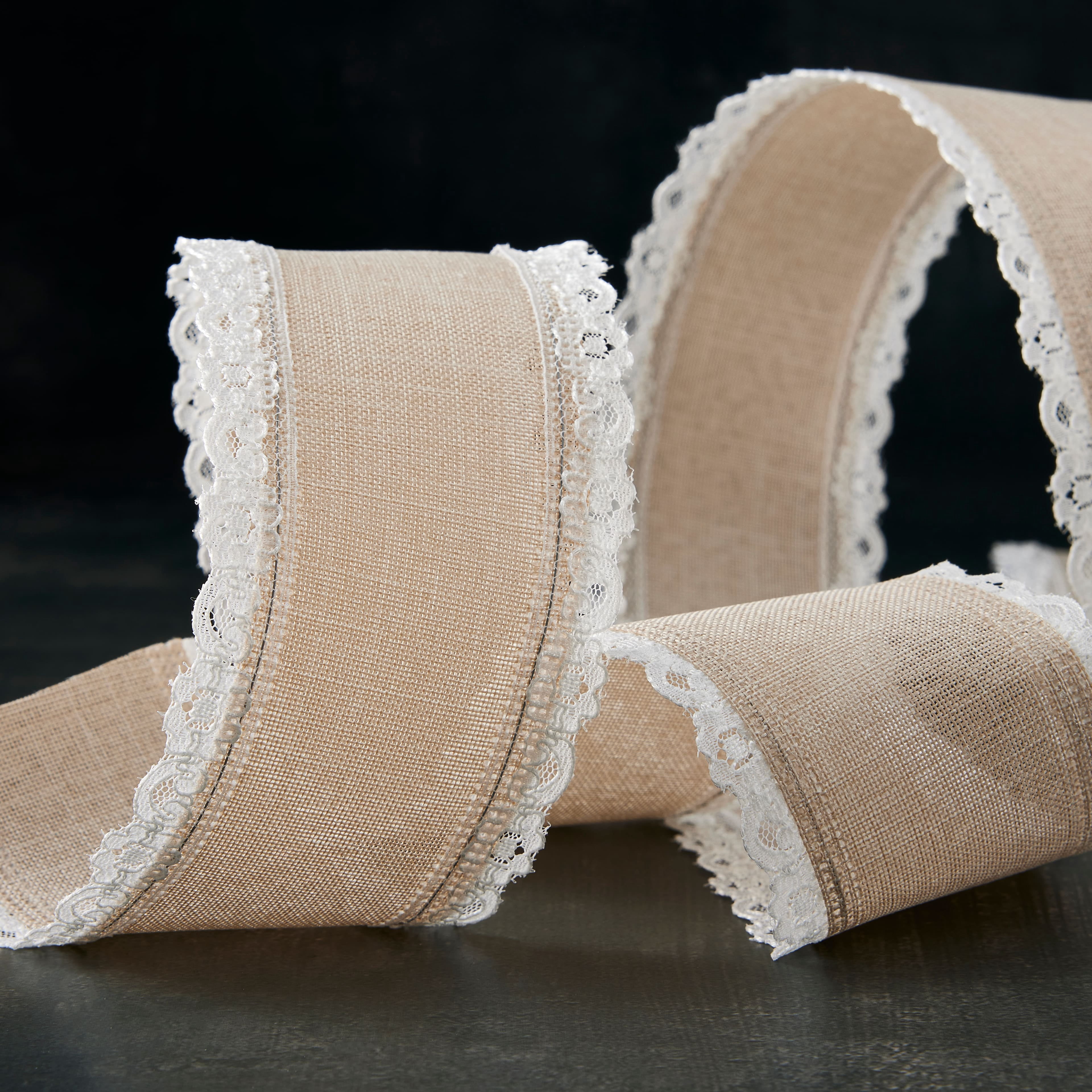 2.5" x 3yd. Faux Linen & Lace Wired Ribbon by Celebrate It – Natural - Sonic Welded Selvage - Polyester & Nylon – Ideal for Gift Wrapping - Baskets & Rustic Decor - 12 Pack