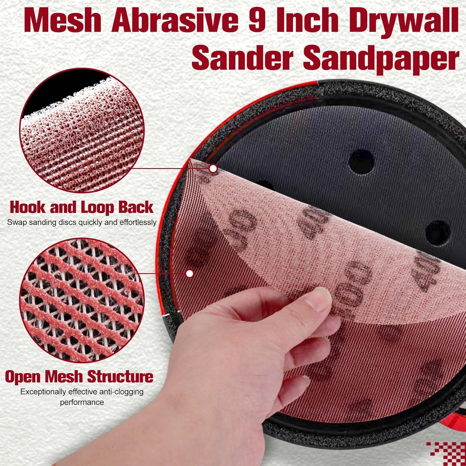 FRKSMD-15 Pack 9 Inch Mesh Abrasive Sanding Discs, 400 Grit Red Net Discs, Dust-Free Hook and Loop Drywall Sandpaper, Drywall Sander Sandpaper for Electric & Pole Sanders,Random Orbital Sander