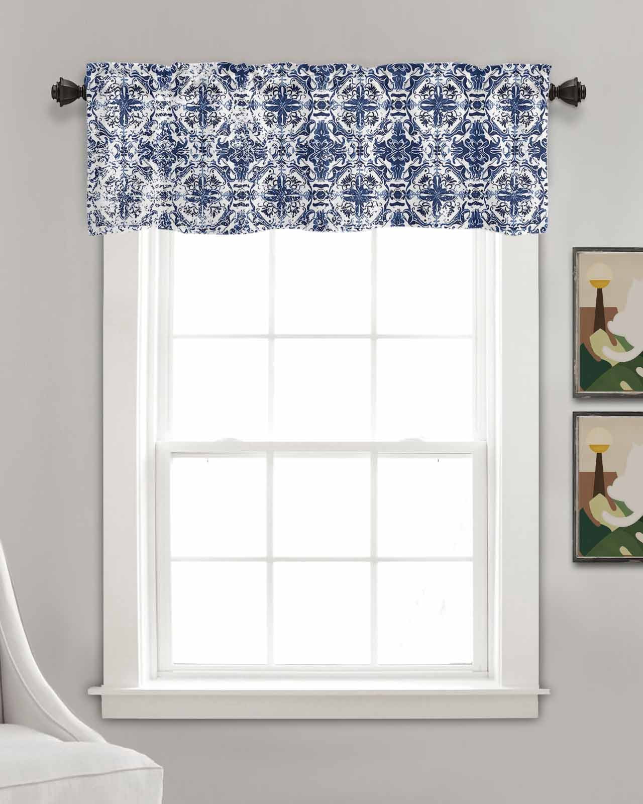 Navy Blue Boho Linen Curtain Valance for Bedroom/Bathroom/Kitchen/Office/Living/Dining Room Window,Ehtnic Abstract Art Modern Geometric Rod Pocket Topper Decorative Cafe Drapes Panel 42"x18"