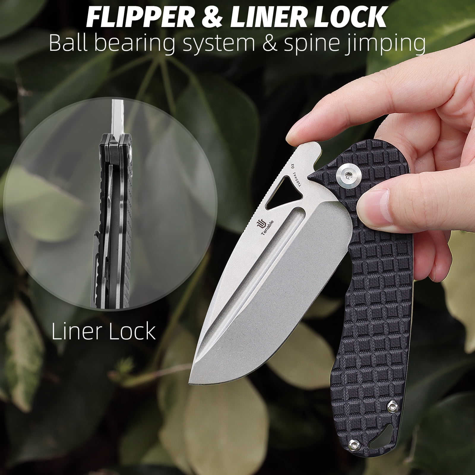 Tenable Bömbur Folding Pocket Knife 3.53'' Stonewashed D2 Blade,Black G10 with Frag Pattern Handle,T1054A1