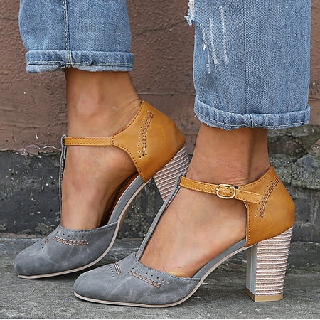 

Sunvit Womens Heeled Sandals- Roman Thick Heels Buckle Casual New Style Hollow Low Heel Summer Sandals #455 Gray-8