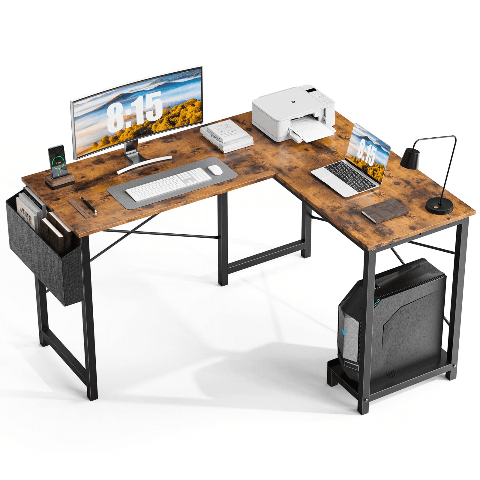 L Shaped office Computer Desk Corner Workstation with Side Storage Bag