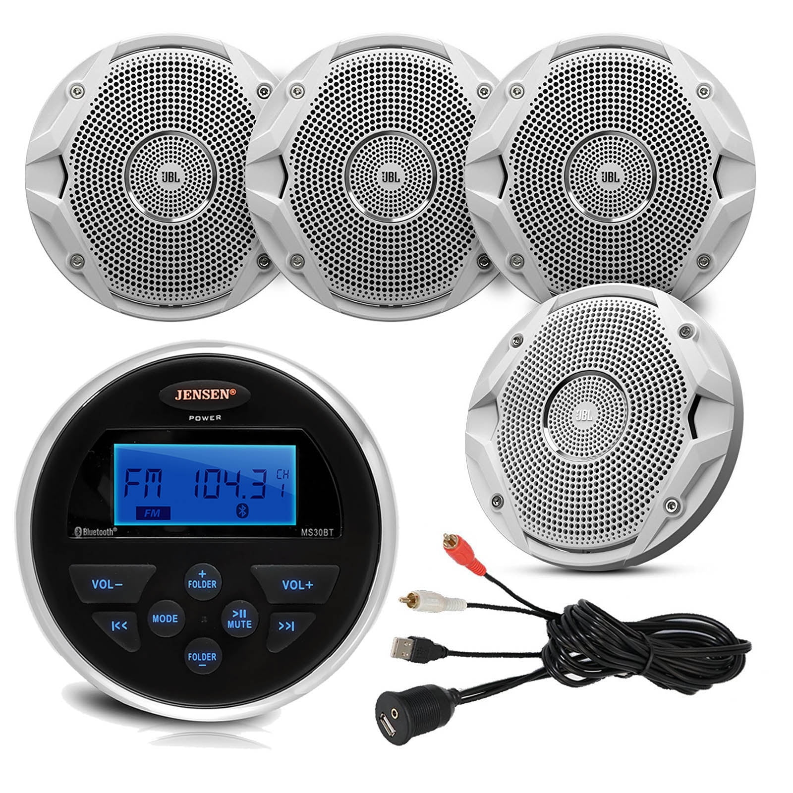 6.5"Speaker Set Jensen Gauge Marine Digital Media Bluetooth Radio USBAUX Cable 