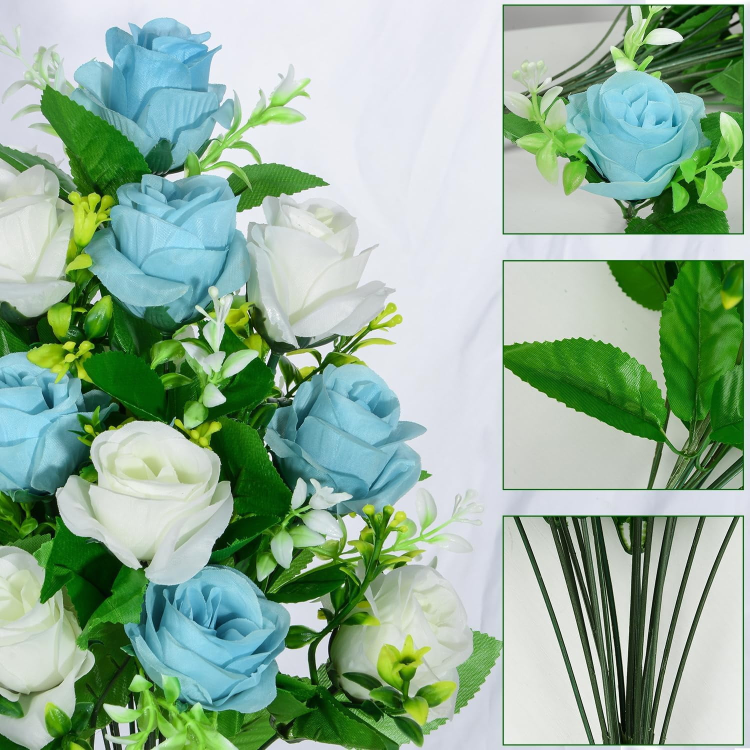 Artificial Cemetery Flowers, Set of Artificial Rose Bouquet Graveyard Memorial Flowers with Vase for Cemetery Headstones Decoration (Light Blue&White)
