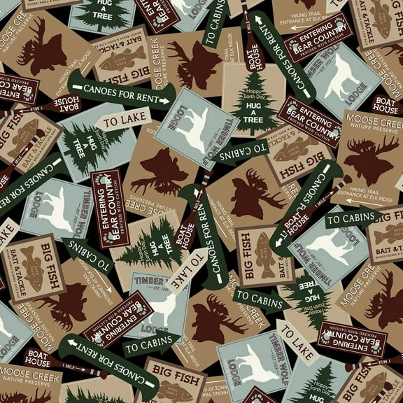 Moose Creek Lodge Signs Black Cotton Fabric (Yard)