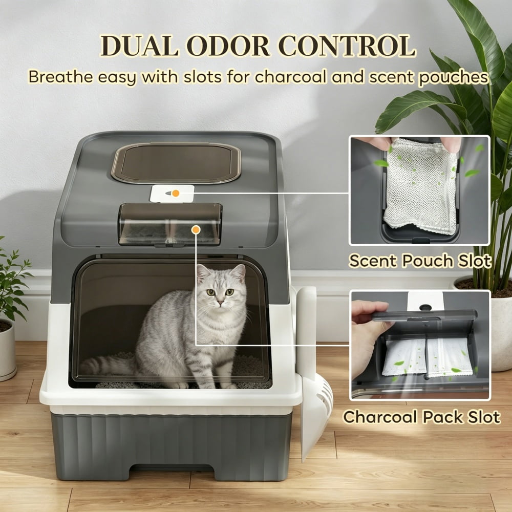 ZephyPaws Upgraded Fully Enclosed Cat Litter Box with Lid,Covered Cat Box Enclosure,Anti-Splashing Easy to Clean Kitty Litter Boxes with Drawer, can Use from Kitten to Adult(White Gray)