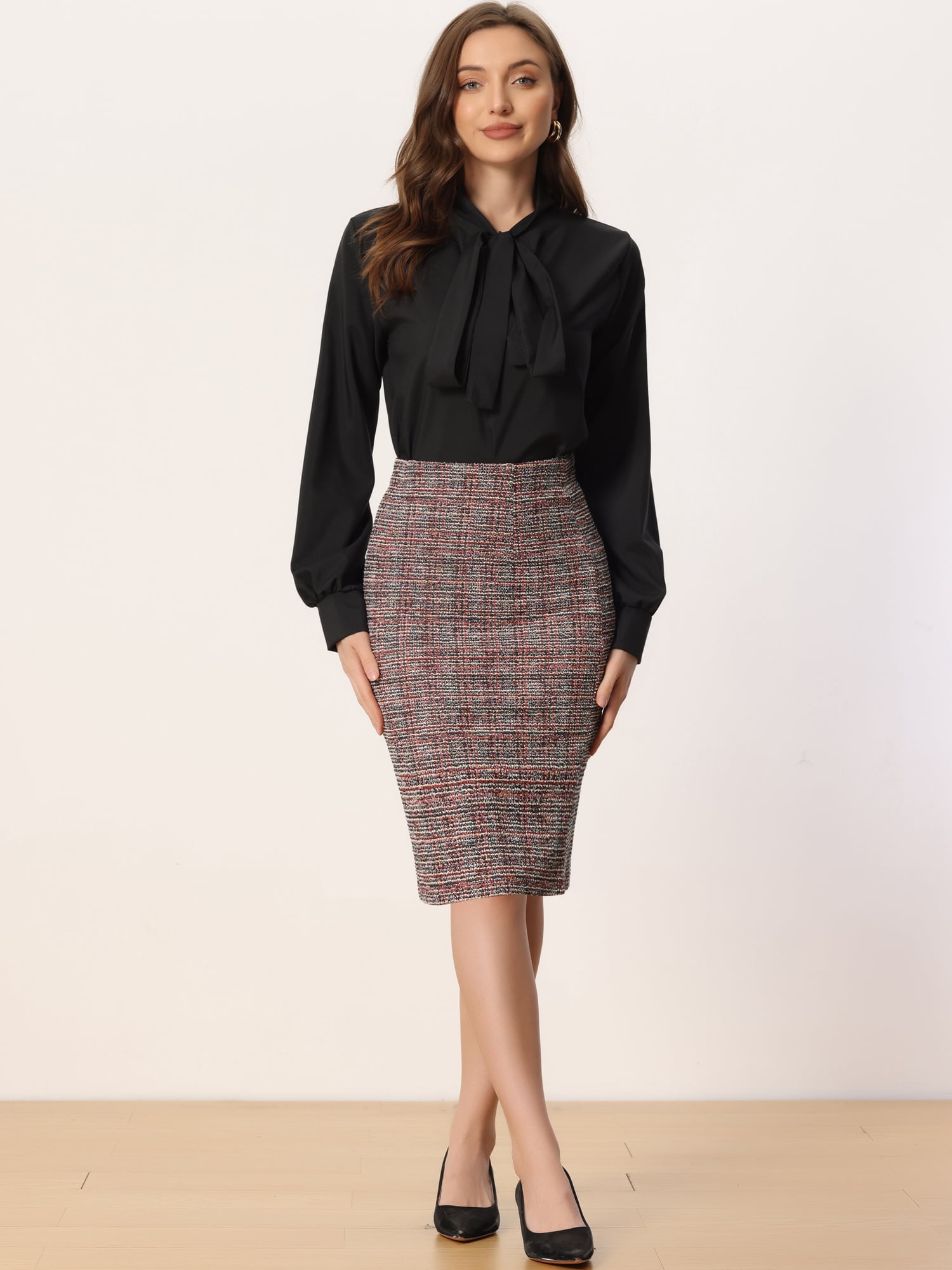 DARING DIVA Women's Tweed High Waist Plaid Pencil Skirts M Burgundy