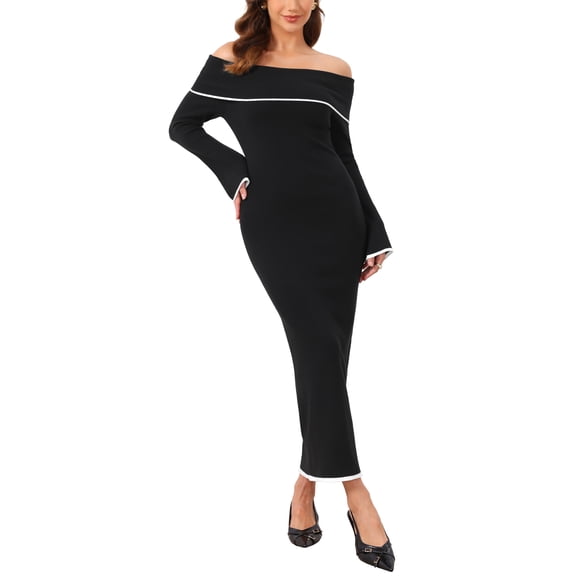 INSPIRE CHIC Women's Off Shoulder Dress Cocktail Evening Formal Bell Sleeve Bodycon Maxi Knit Dress S Black