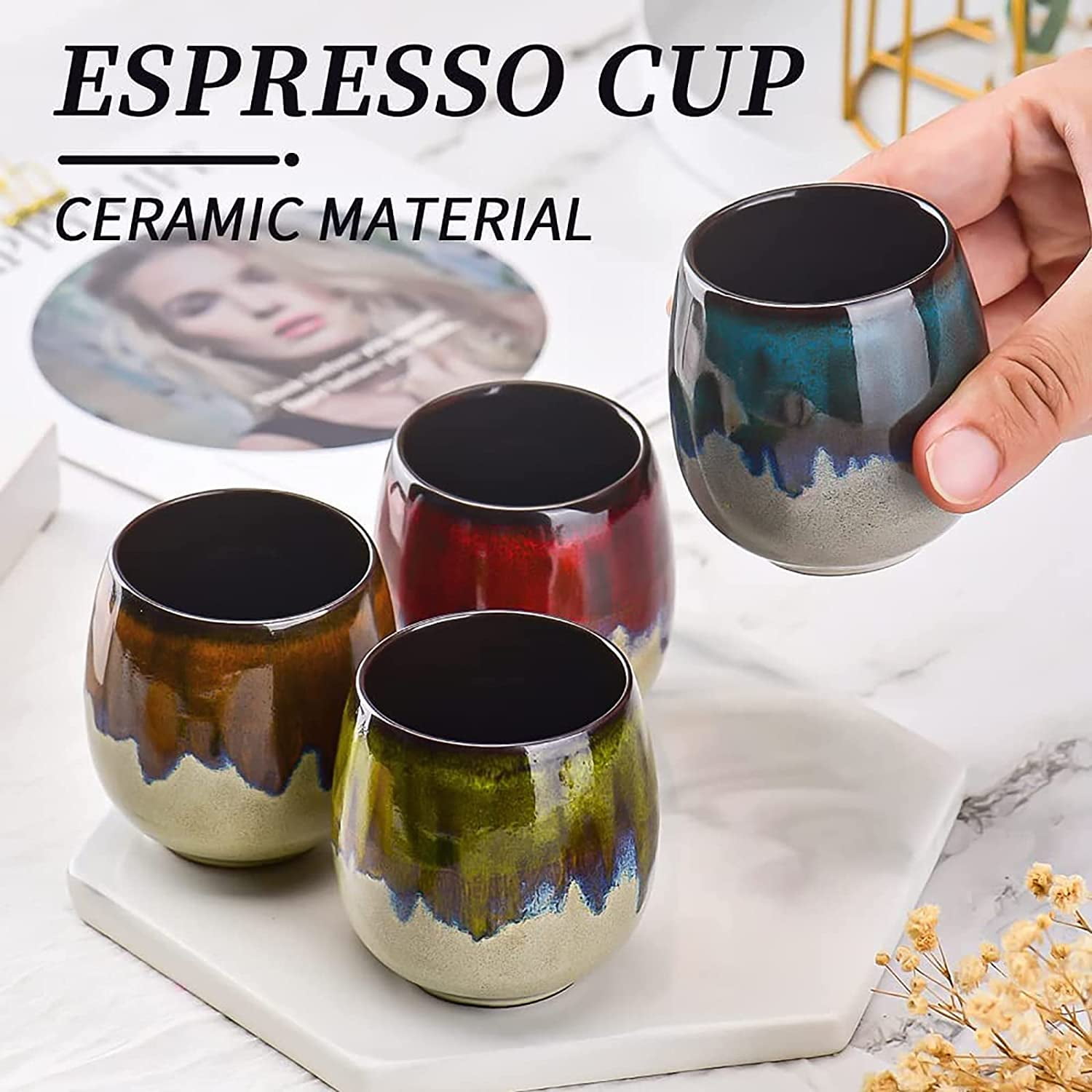 DanceeMangoos Ceramic Espresso Cup Kiln Espresso Mug Demitasse Cups Flowing  Glaze Teacup Cappuccino Cups Kung Fu Tea Set Mate Cup Set of 4 Handless