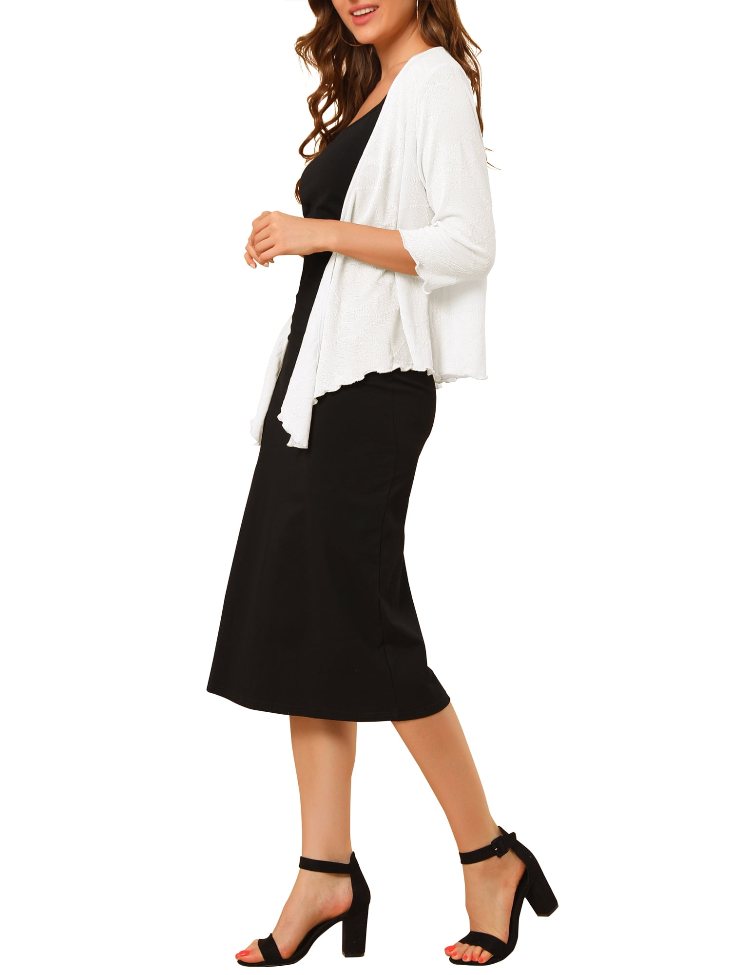 Unique Bargains Women's Open Front Knit Cardigan Tied Bolero Shrug L White