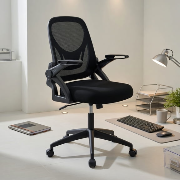 Resenkos Ergonomic Computer Desk Chair - Lumbar Support, Flip-up Arms, Black