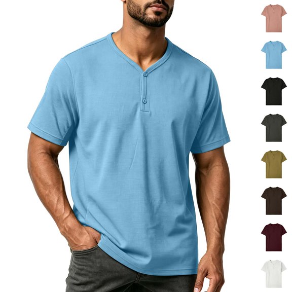 Fanshiluo Men's V Neck Henley Short Sleeve T-Shirt, Solid Button Casual Top,Size:L,Big and Tall Men
