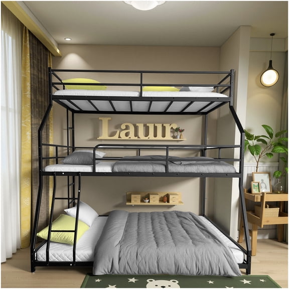 CHAMPFLAG Metal Triple Bunk Bed with Full Guardrails, 3-Tier Bunk Bed for Small Rooms, Space Saving Design with 2 Ladders, Easy to Assemble, Black Finish
