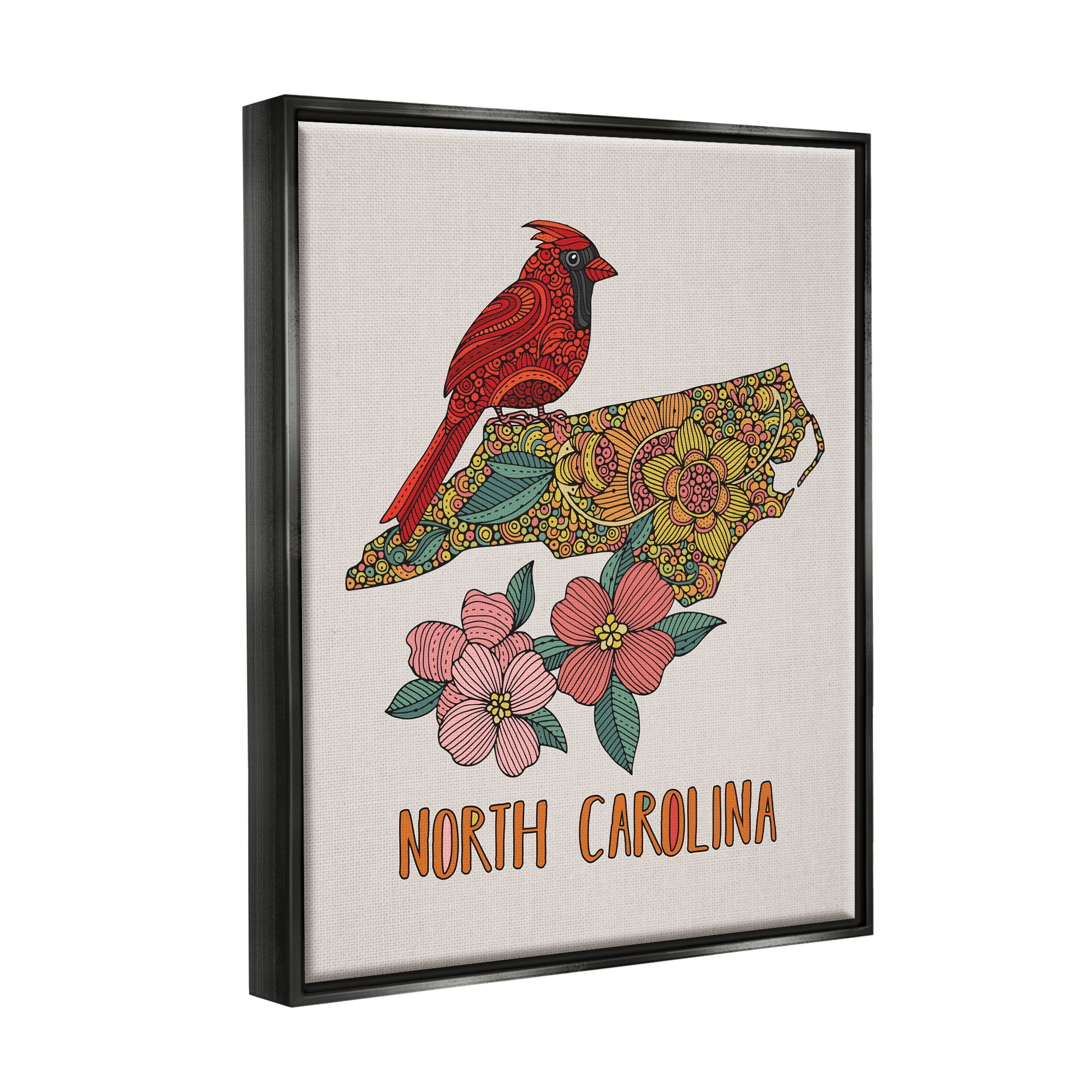 Stupell Industries North Carolina Cardinal Detailed Floral State Pattern Graphic Art Jet Black Floating Framed Canvas Print Wall Art, Design by Valentina Harper