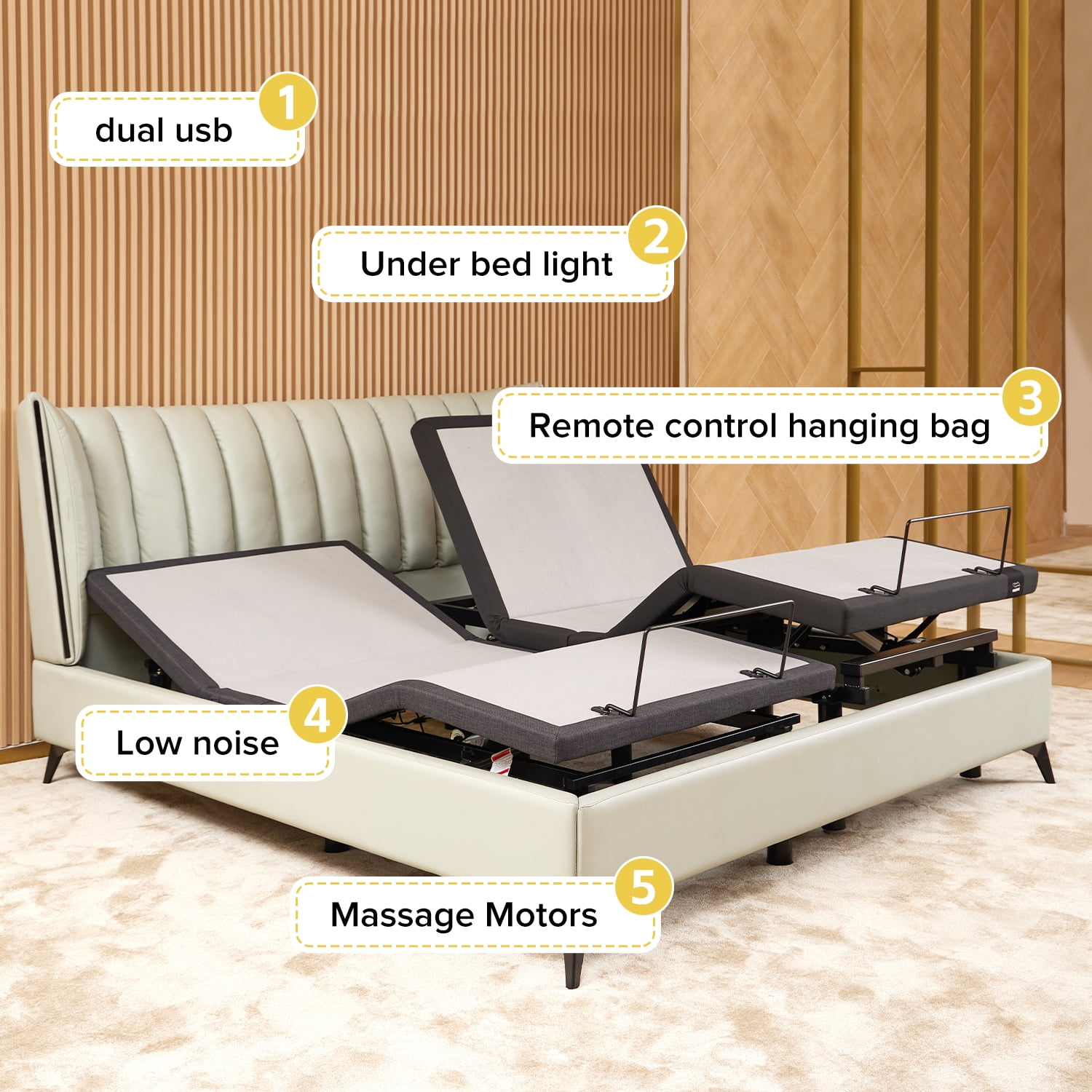 Ergonomic Twin XL Size Adjustable Bed, Zero Gravity Base for Stress Management w/Head and Foot Incline, Wireless Remote Control, Massage, Under-Bed Nightlight, and USB Ports