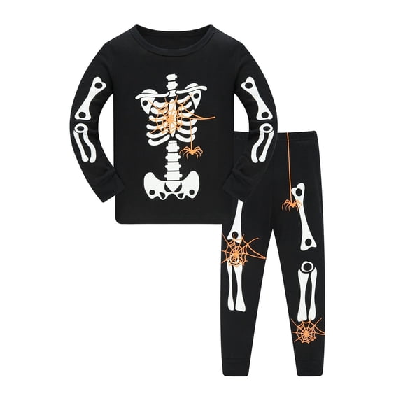 MEZZALL Toddler Boys Girls Pajamas Sets Halloween Skeleton Pattern Kids 2 Piece Pj's Long Sleeve Crew Neck Tops And Pants Clothes Set Night Birthday Sleepwear