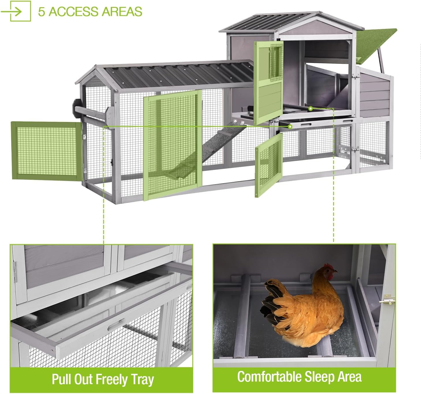 MEDEHOO Chicken Coop 80in Mobile Chicken House with Run Portable Wooden Poultry Cage with Nesting Box Rabbit Hutch on Wheels,Movable