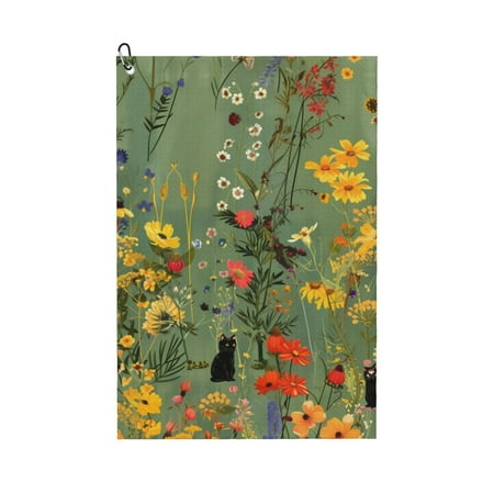 Golf Towels for Golf Bags For Men Women - Botanical Garden With Cats 24x16in Absorbent Quick Drying Golf Towel for Cleaning Golf Ball Club Golf Bag Accessories with Carabiner