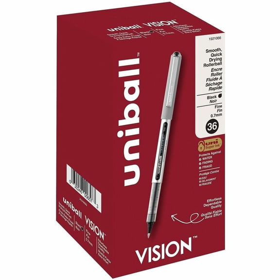 uniball Vision Rollerball Pens, Fine Point, 0.7mm, Black Ink, 36 Count