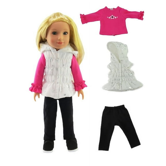 American Fashion World Black, White, and Pink Puffer Vest Pant Set Made for 14 inch Dolls