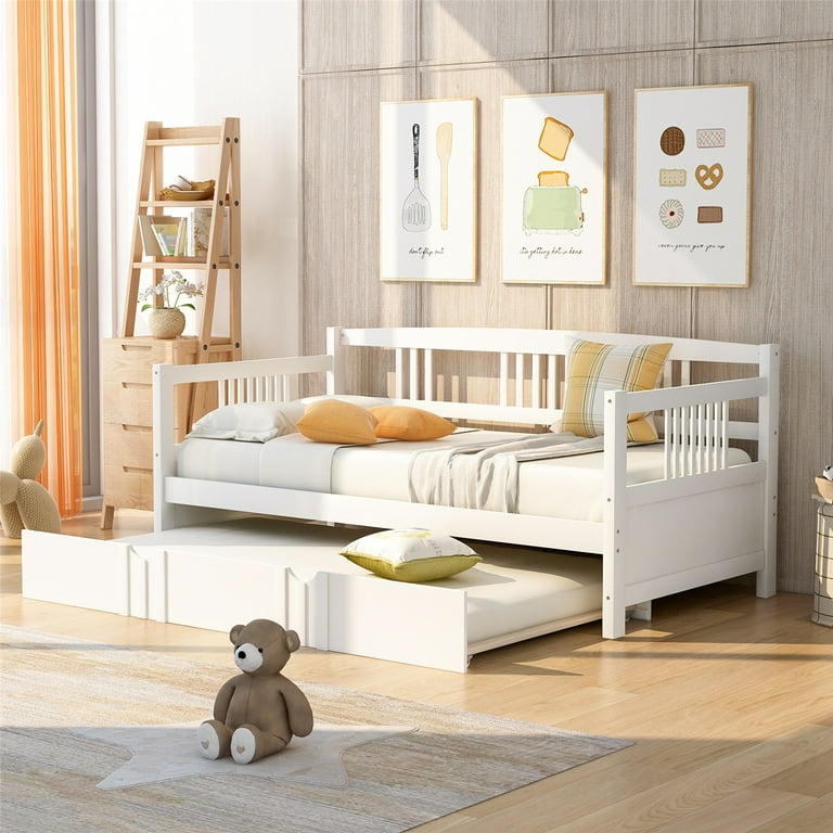 White Twin Size Daybed with Trundle, Elegant and Simple Steel Daybed with Slat Support, No Box Spring Required