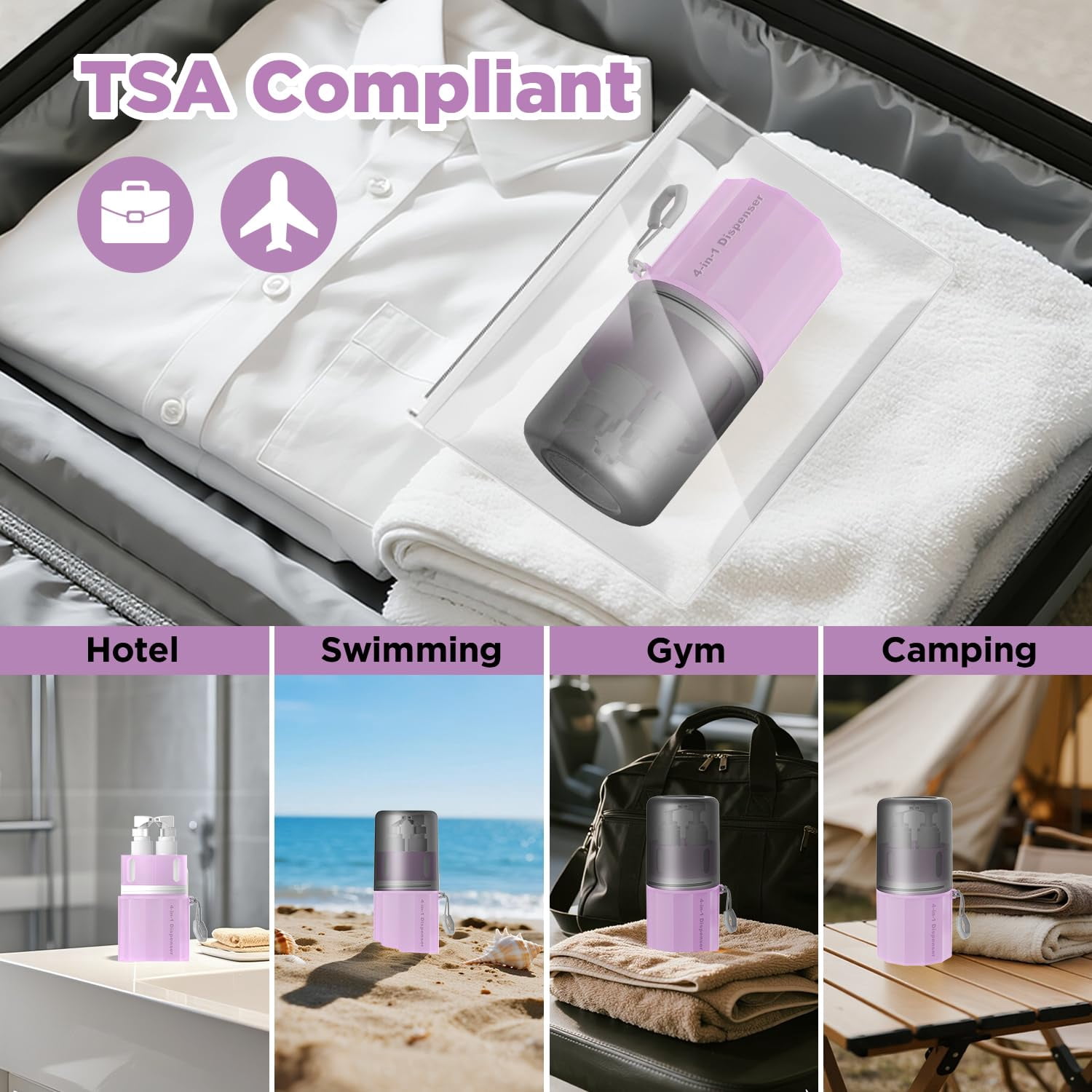 4 in 1 Travel Toiletry Containers, Refillable Travel Size Toiletries Bottles Set with Suction Cup for Smooth Walls - for Shampoo,Conditioner,Body Wash,Lotion